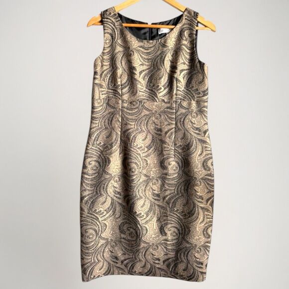 Kasper Midi Sheath Shift Dress Size 8P Gold Swirl Brocade Sleeveless Old Money - Picture 1 of 14